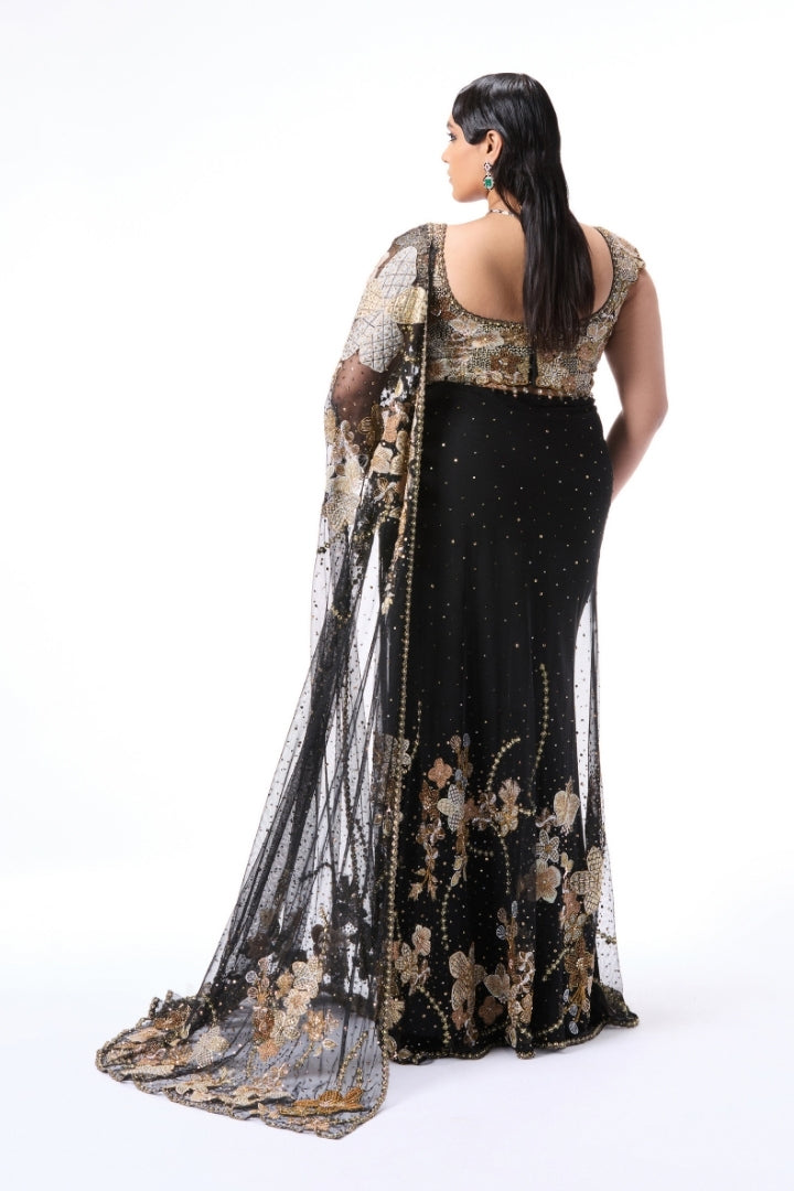 SOLETTE - black tulle draped saree
