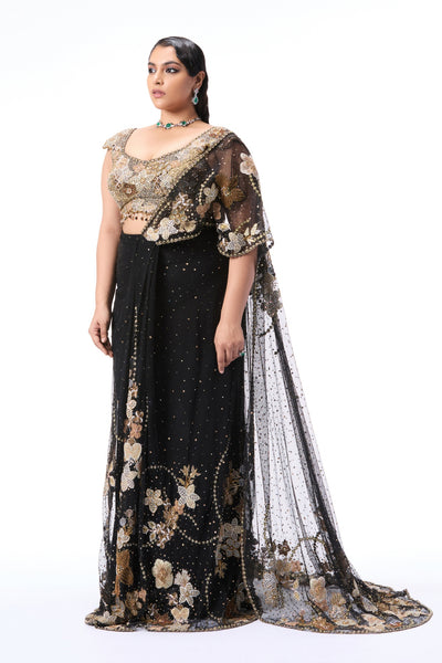 black embellished tulle saree styled with embroidered blouse