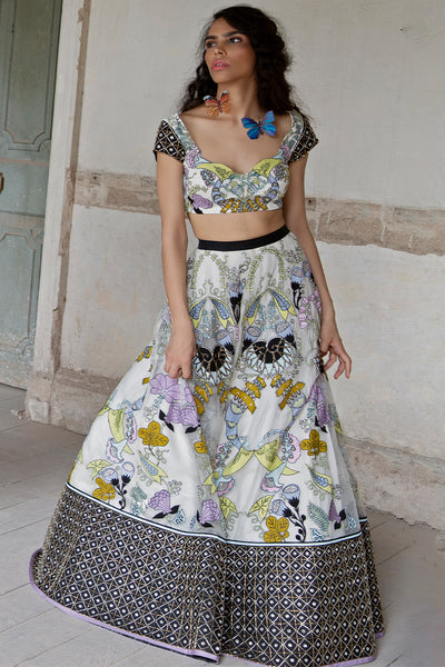 Applique tulle dupatta draped over black-white blouse