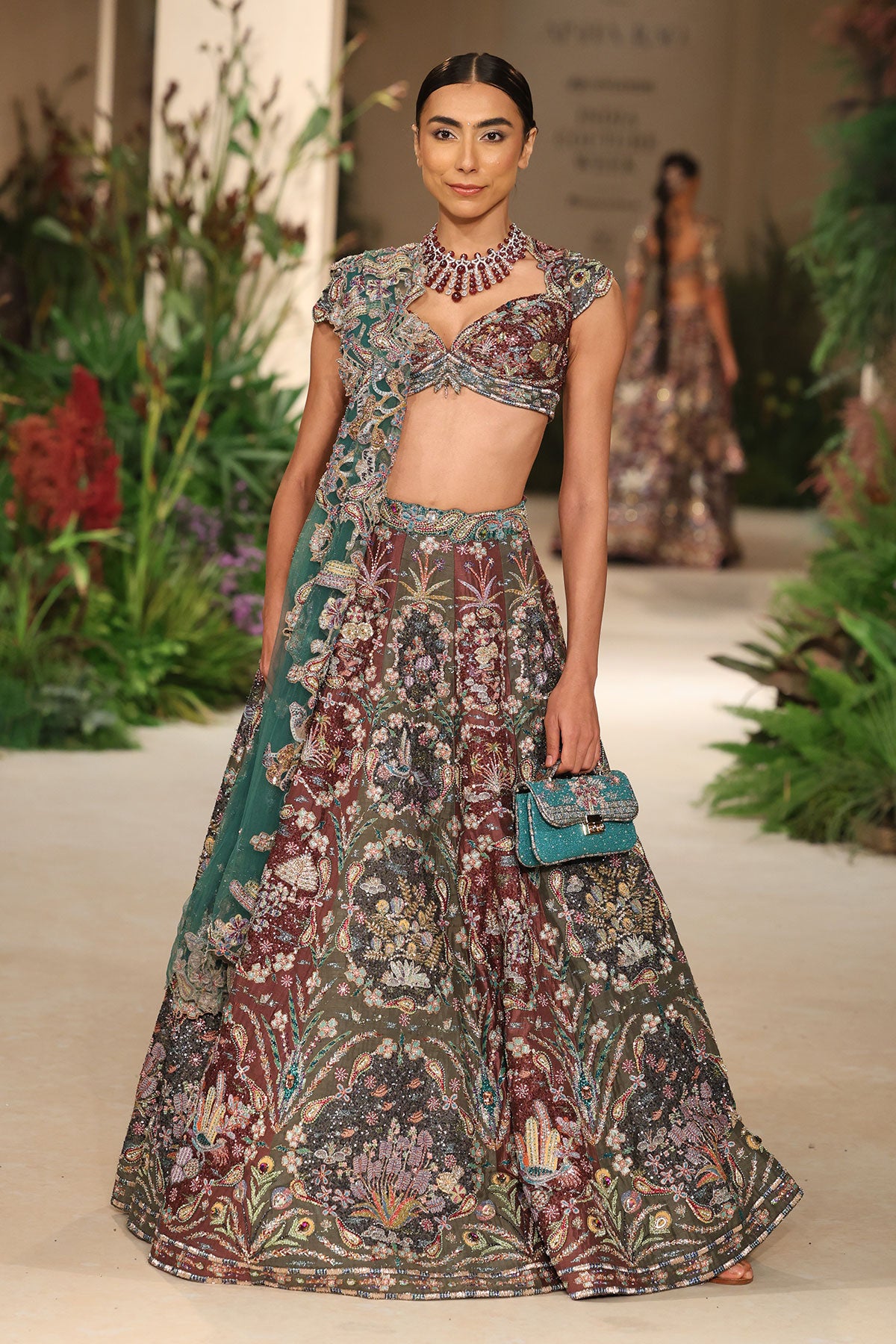 Embellished panel capturing layered applique and couture finesse from the Wild At Heart frame lehenga
