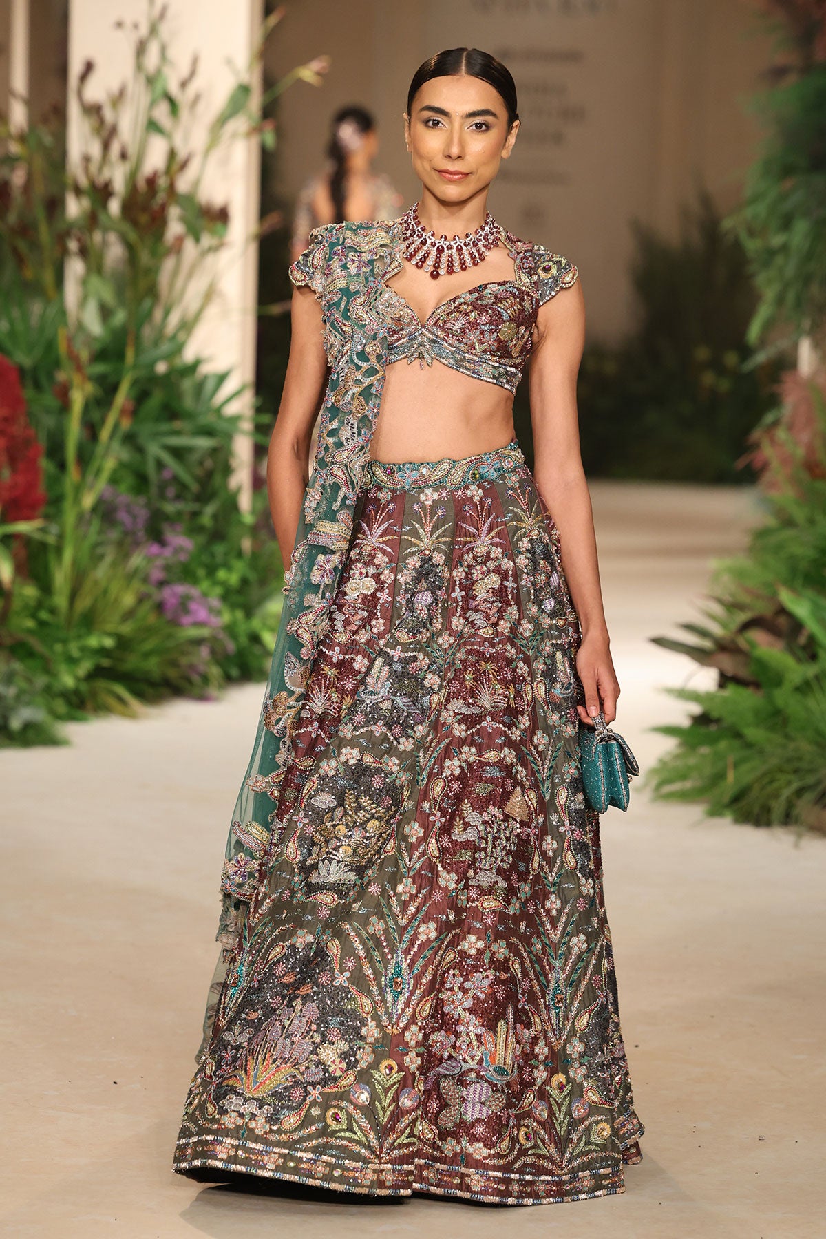 Tulle dupatta detail highlighting soft sheer drape complementing the Wild At Heart teakberry gunmetal lehenga