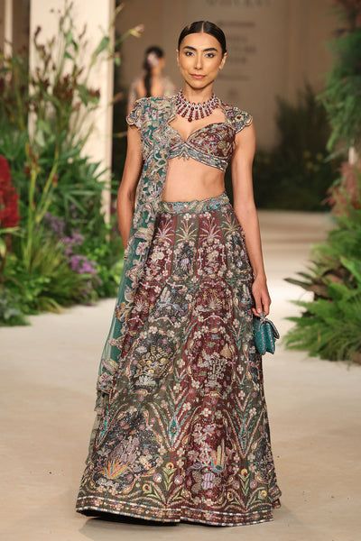 Tulle dupatta detail highlighting soft sheer drape complementing the Wild At Heart teakberry gunmetal lehenga