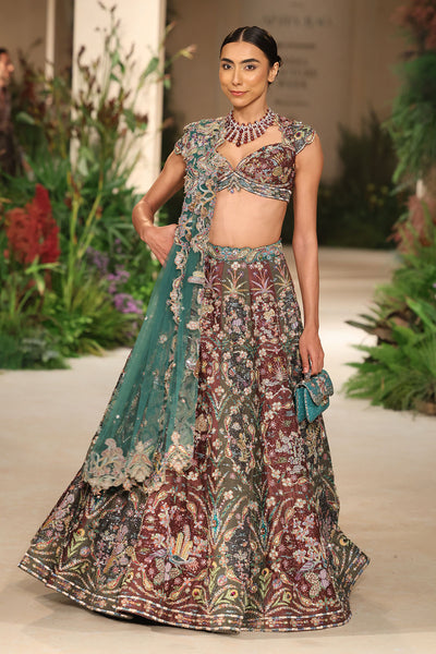 Waistline detail showing couture shaping and applique finesse from the Wild At Heart teakberry gunmetal lehenga