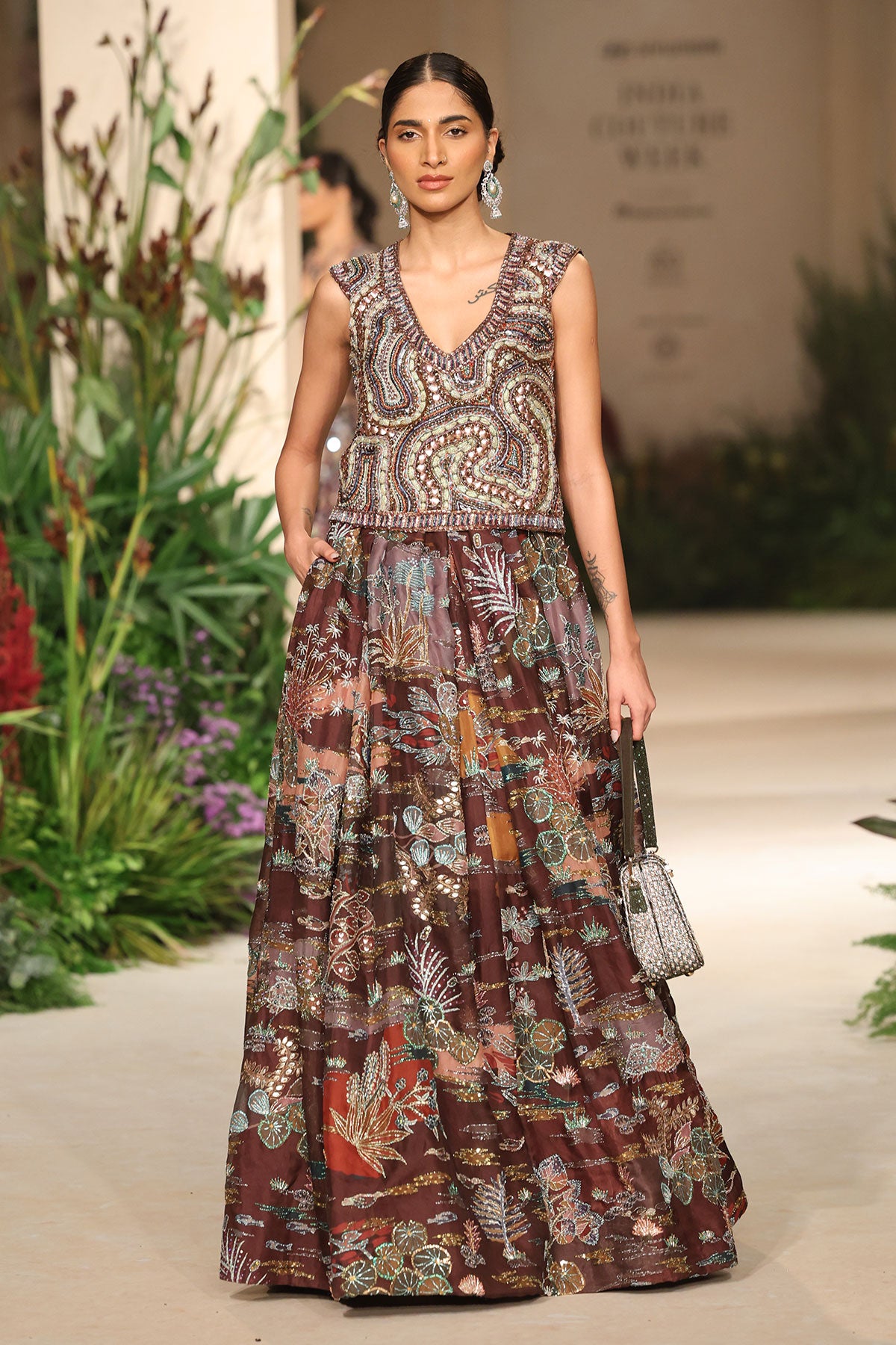 Wild At Heart teakberry printed applique embellished organza lehenga with sweater blouse shown in a full couture view