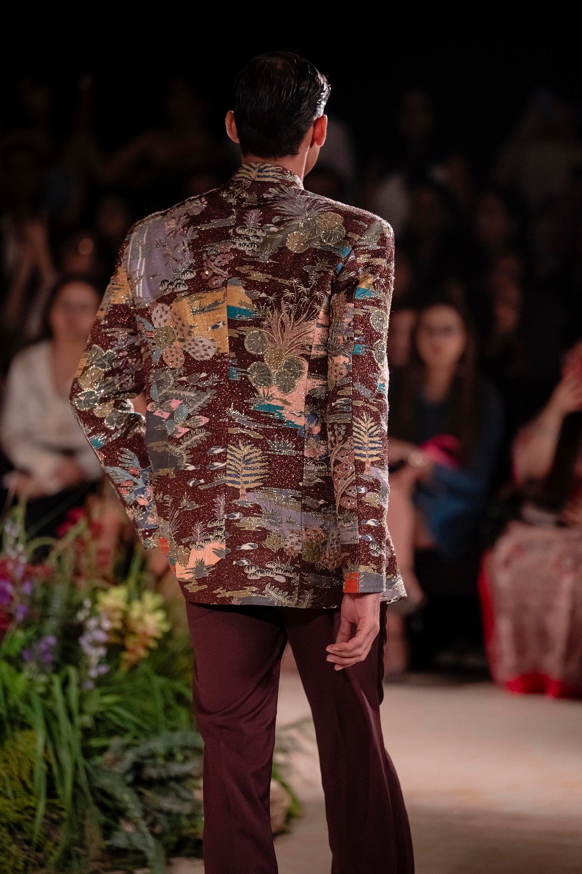 Back view of the Wild At Heart teakberry printed bandhgala showcasing refined raw silk texture