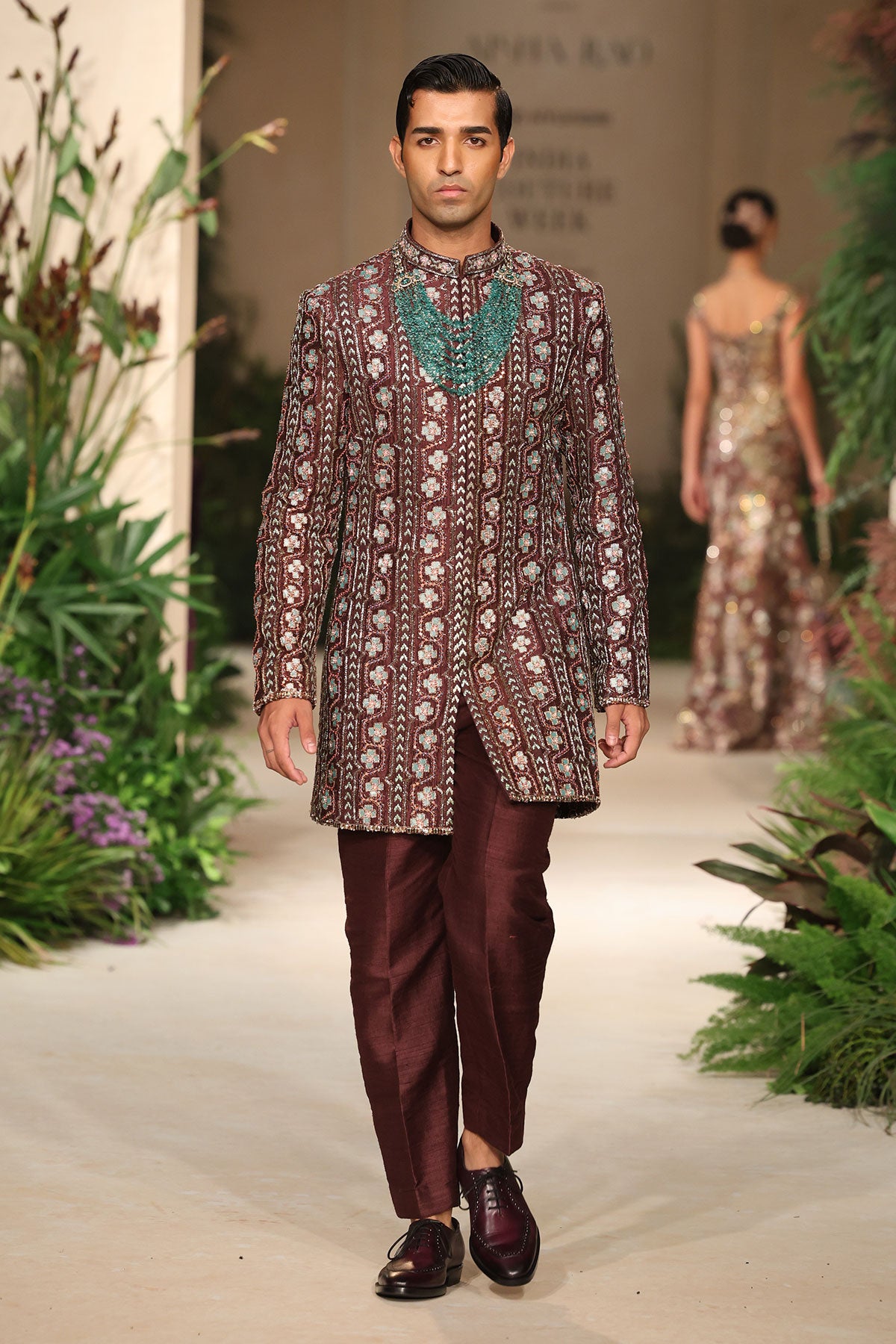 Button placket detail showcasing crafted finishing on the Wild At Heart teakberry printed bandhgala