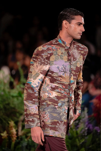 Front close frame capturing printed patterning and layered embellishment from the Wild At Heart bandhgala