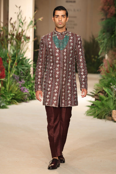 Wild At Heart teakberry printed applique embellished raw silk bandhgala with pants shown in a full couture view