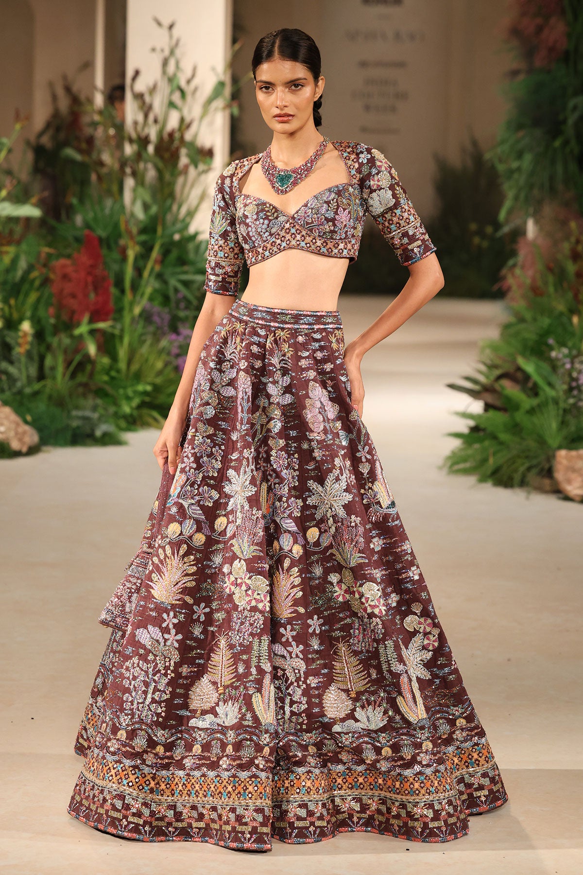 Wild At Heart teakberry applique embellished raw silk lehenga with blouse and tulle dupatta shown in a full couture view