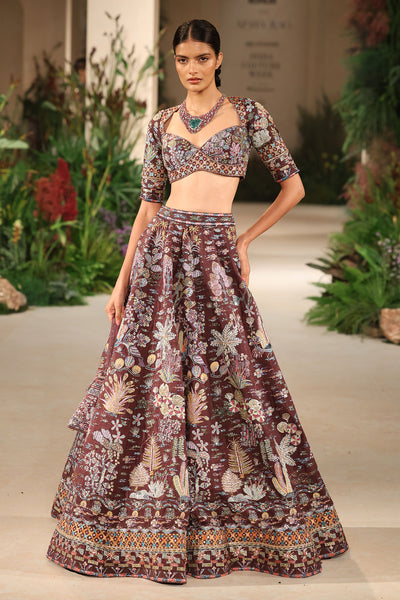 Wild At Heart teakberry applique embellished raw silk lehenga with blouse and tulle dupatta shown in a full couture view