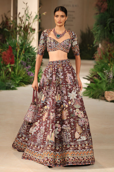 Styled look of the Wild At Heart teakberry applique embellished raw silk lehenga with blouse and tulle dupatta