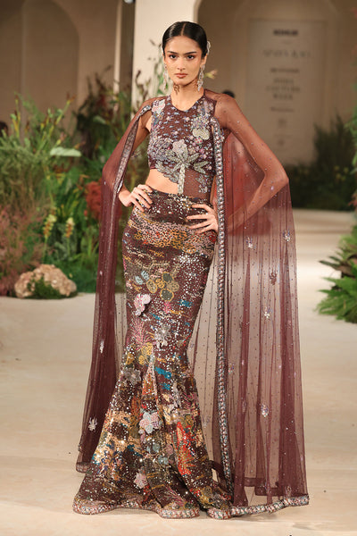 Wild At Heart teakberry applique embellished tulle bodice with printed sequin georgette cape gown shown in a full couture view