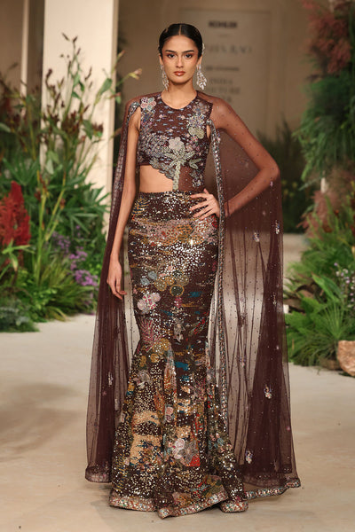 Sequin pattern closeup highlighting printed sparkle from the Wild At Heart georgette cape gown