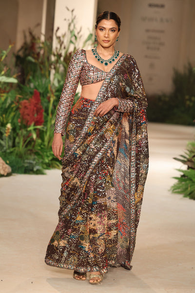 Front view of the Wild At Heart teakberry sequin georgette saree highlighting printed motifs and shimmering drape