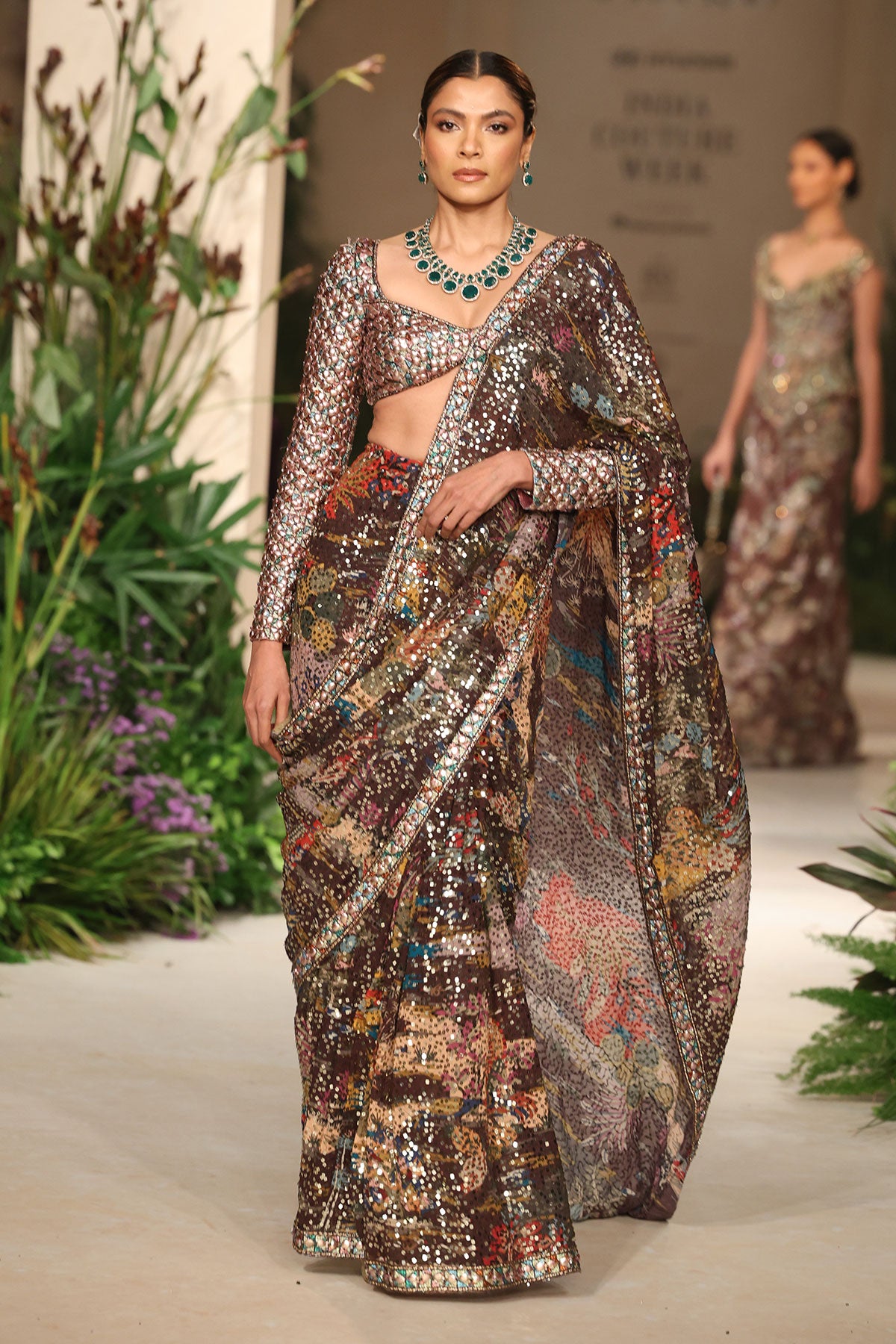 Wild At Heart teakberry printed sequin georgette saree with tulle embellished beaded full sleeve blouse shown in a full couture view