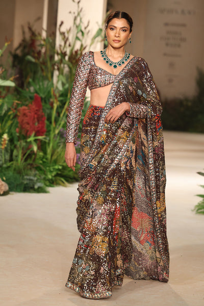 Waistline detail showing saree tuck, printed pattern, and sequin finesse from the Wild At Heart saree