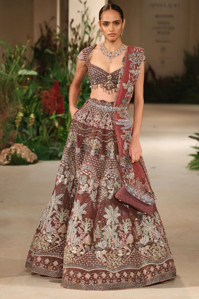 Wild At Heart teakberry applique embellished tulle lehenga with checked extended blouse and tulle dupatta shown in a full couture view