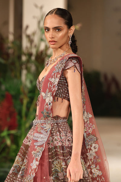 Tulle dupatta detail featuring soft drape layered with applique finesse from the Wild At Heart ensemble