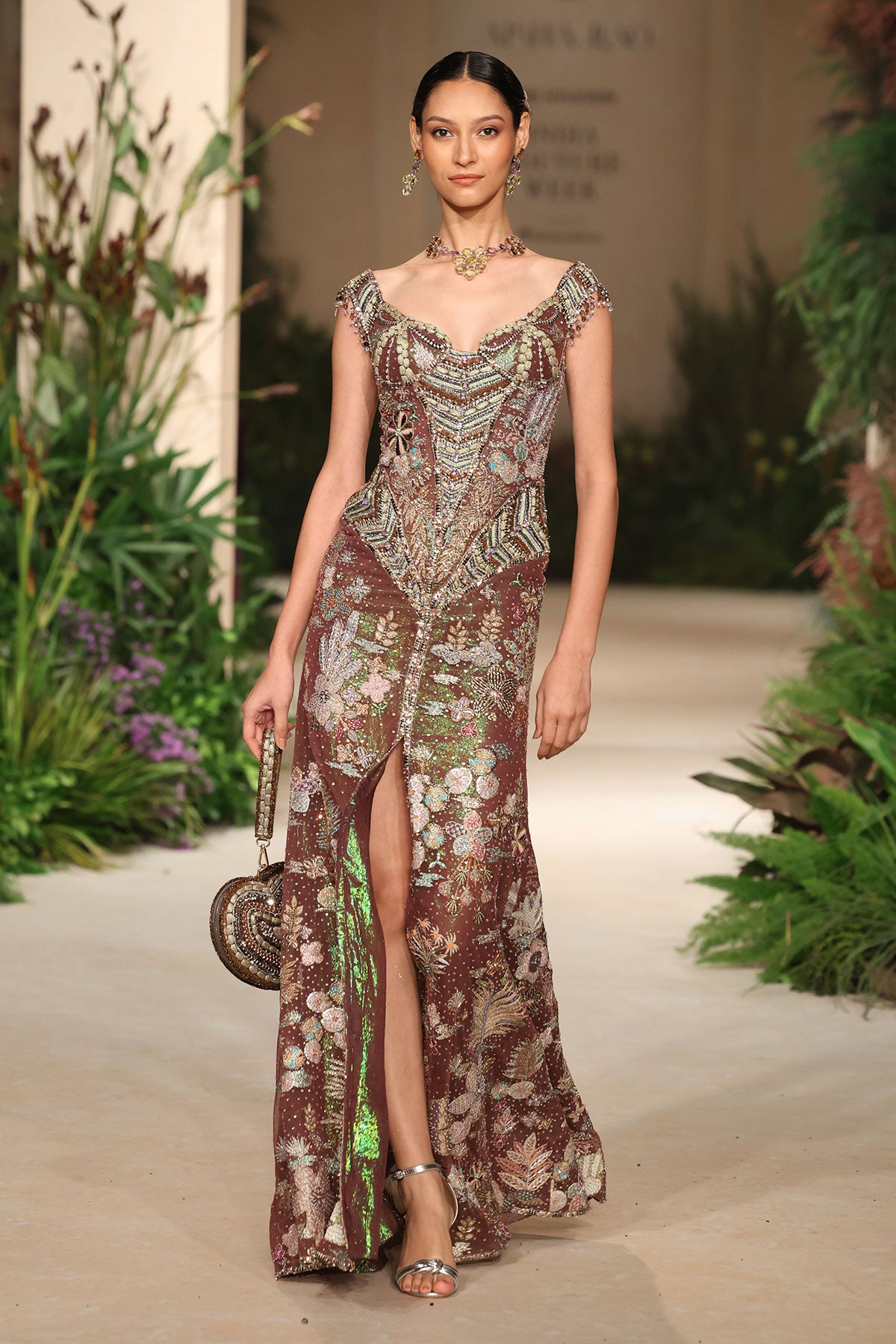 Wild At Heart teakberry applique embellished tulle off shoulder gown shown in a full couture view