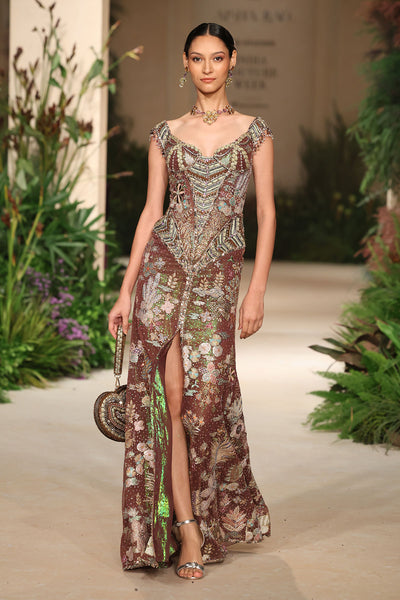 Wild At Heart teakberry applique embellished tulle off shoulder gown shown in a full couture view