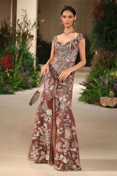 Hemline detail capturing flowing tulle and applique highlights from the Wild At Heart teakberry gown