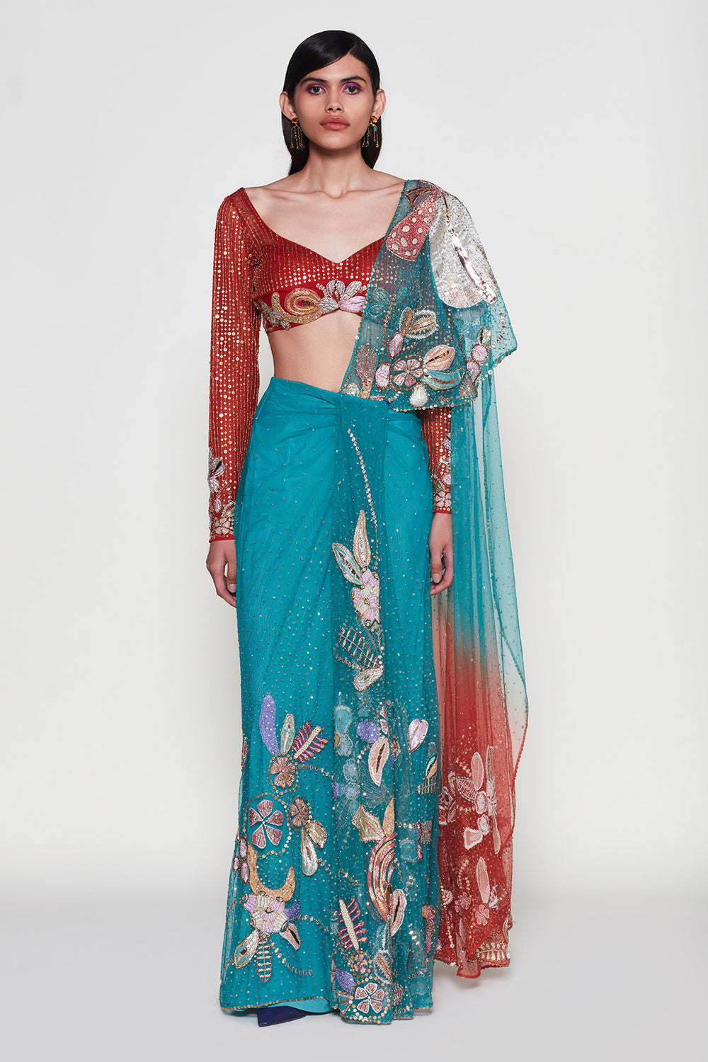 Verdance - Turq Orange Tulle Saree