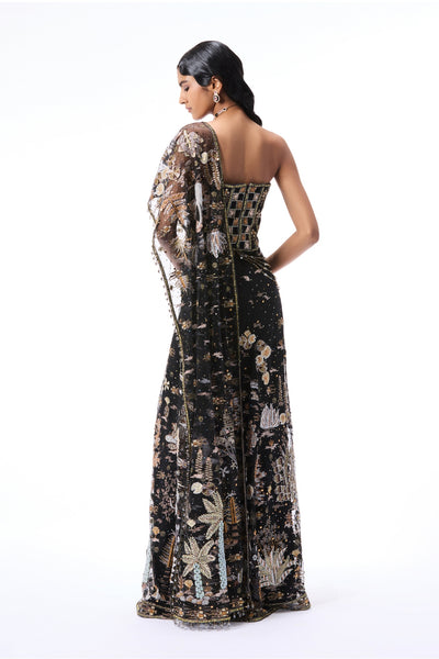 Back view of black applique embellished tulle drape saree with corset blouse