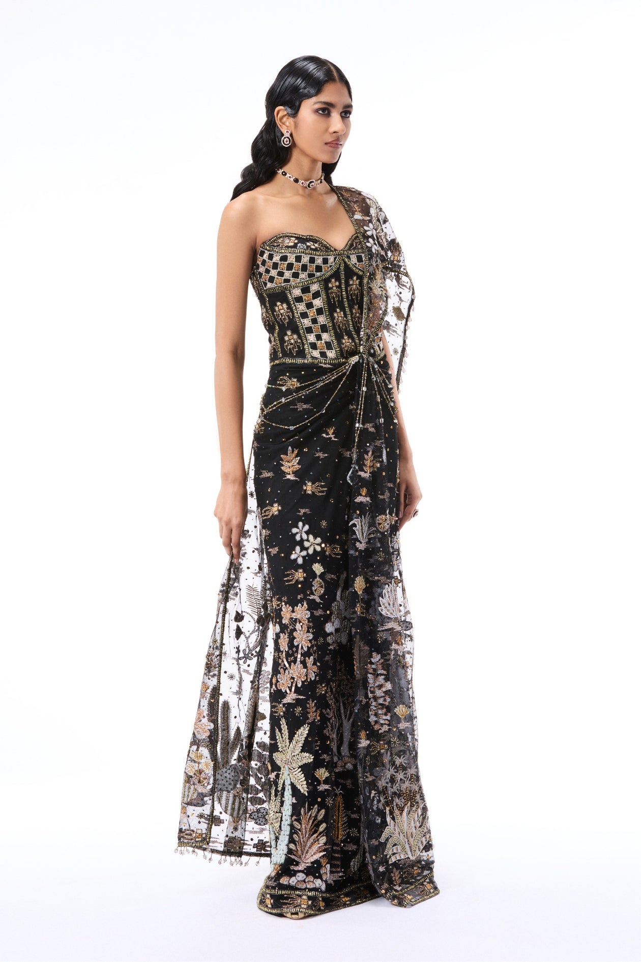 black applique embellished tulle drape saree showing detailed motifs