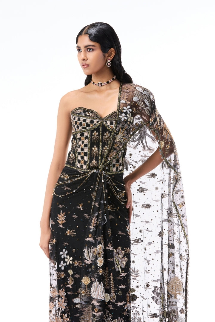 Whimrose - Black tulle draped saree