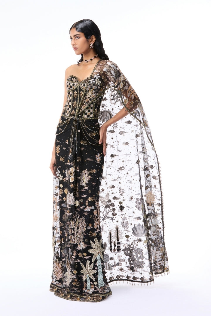 Whimrose - Black tulle draped saree