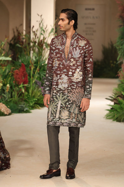 Side angle view of Allu Arjun in the teakberry-gunmetal ombre applique embellished organza kurta.