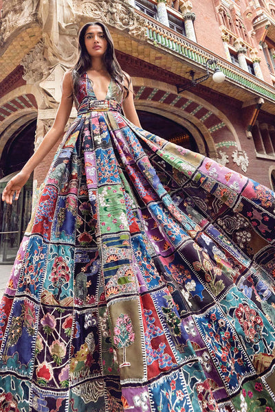 Front view of Aisha Rao Trencadís black printed gown