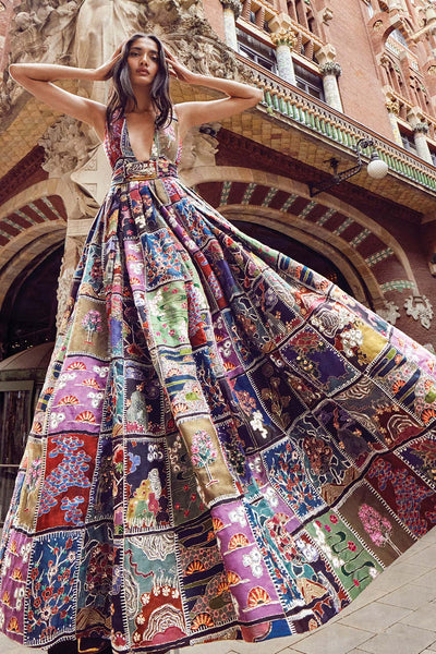 Aisha Rao black organza gown with frame print and embellishment