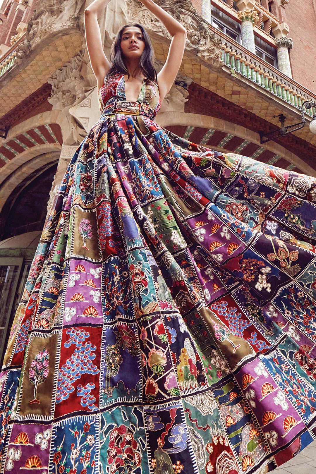 Aisha Rao embellished neckline close-up black Trencadís gown