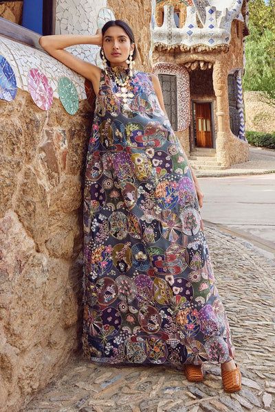 Woman wearing Aisha Rao grey printed organza tent gown