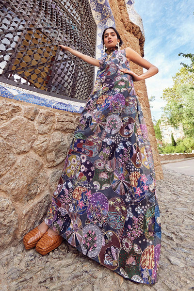 Aisha Rao grey tent gown right profile with printed details