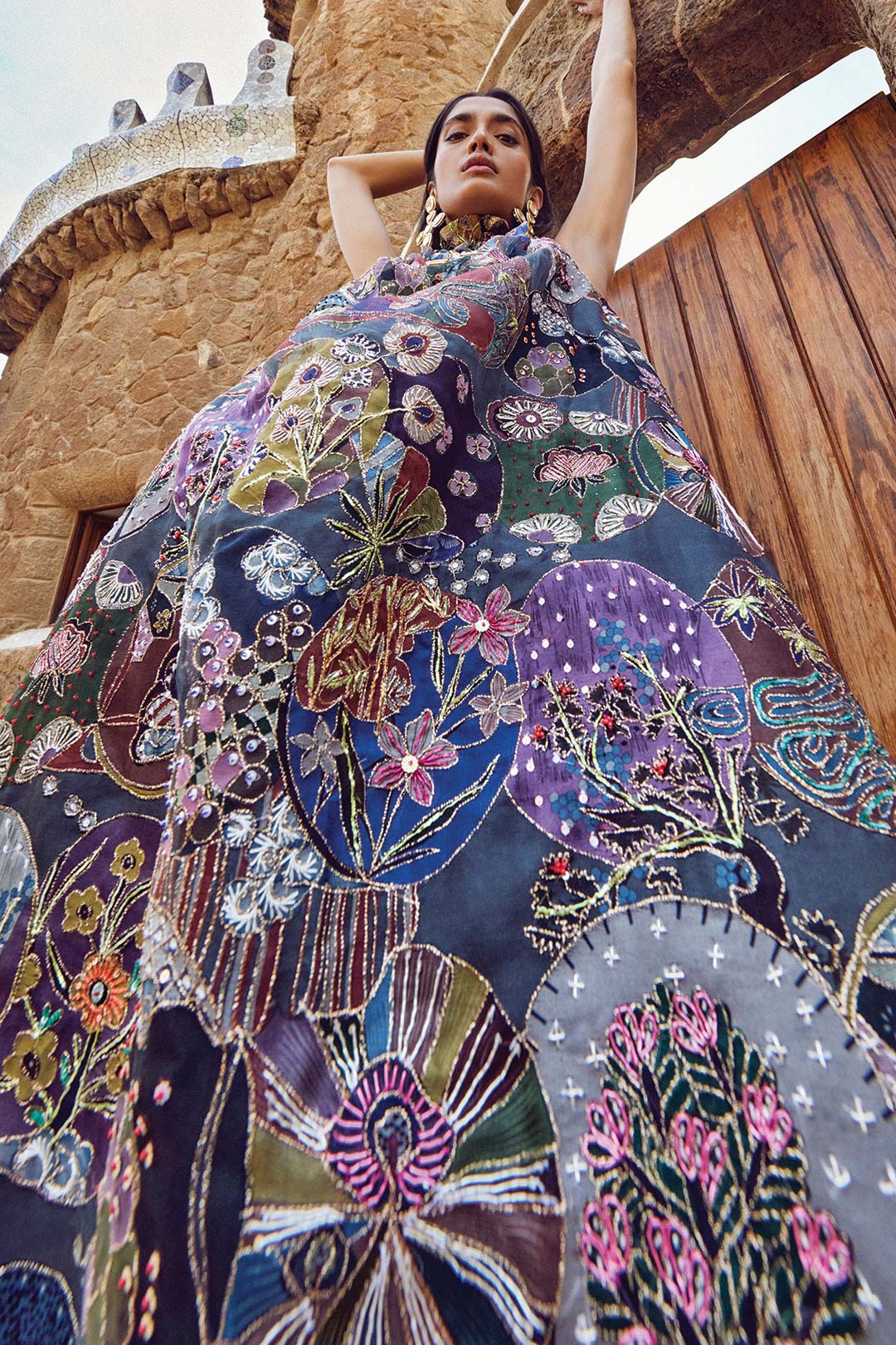 Aisha Rao Trencadís organza gown close-up of bodice print