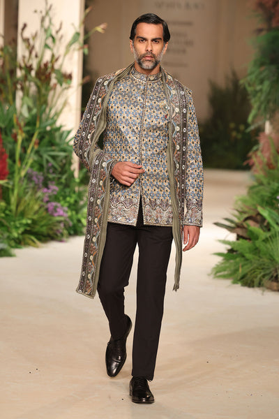 Closeup of the applique embellishment on the gunmetal tissue bandhgala.