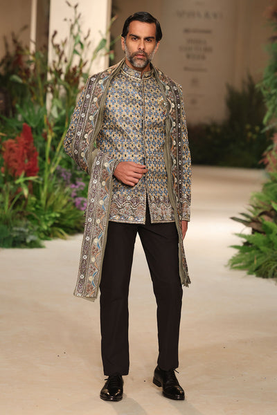 Full look of the Wild At Heart gunmetal tissue bandhgala styled with coordinating stole.