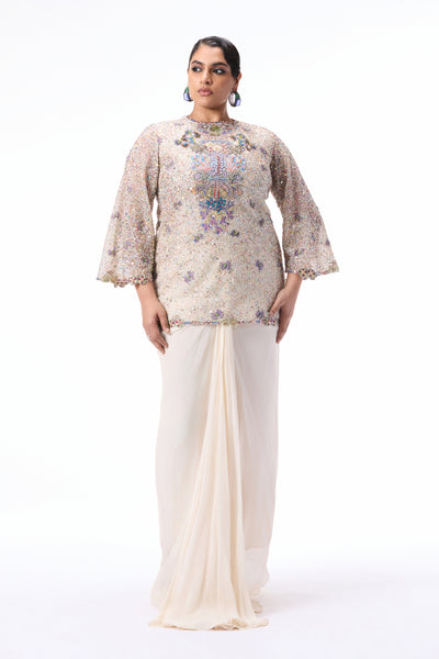 Full look of the Wild At Heart ivory applique embellished tulle kurta and pleated draped skirt.