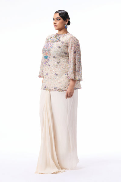 Neckline detail of the ivory applique embellished tulle short kurta.