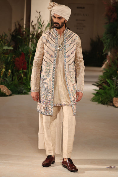 Sunchant - light gold Banarasi Tissue Brocade & raw silk bundi