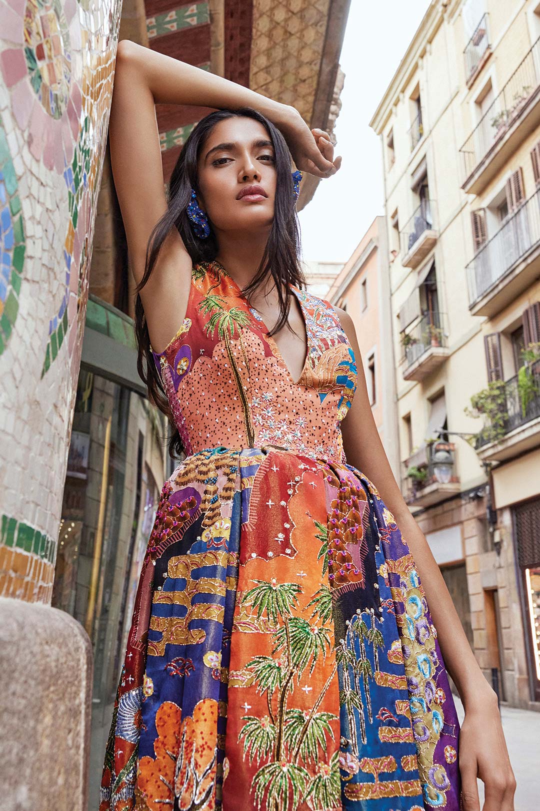 Close-up of side bodice and print on Aisha Rao maze-orange gown