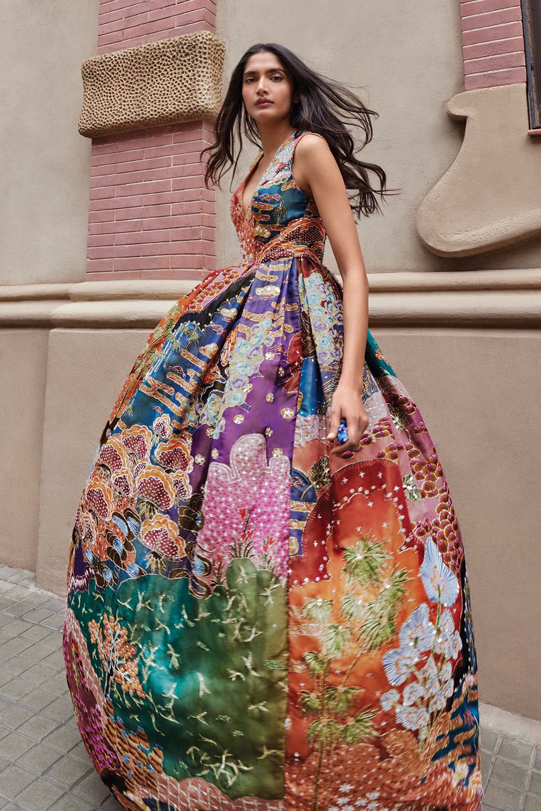 Trencadís maze-orange gown by Aisha Rao side angle view