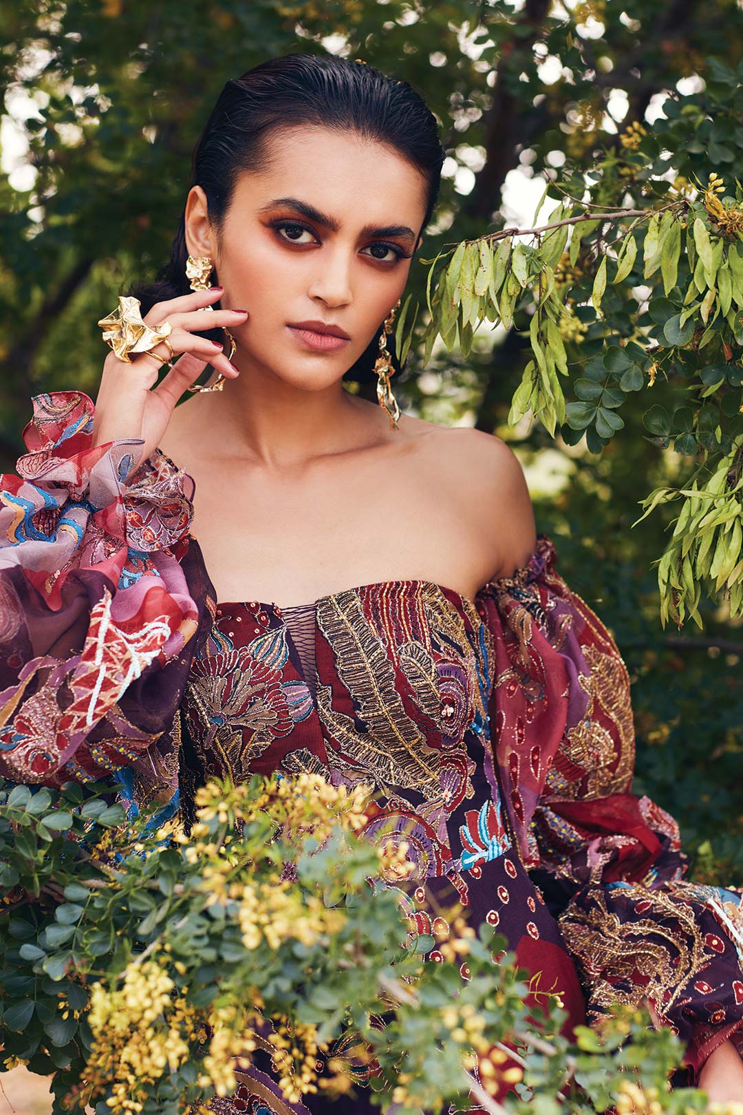 Aisha Rao gown close-up showing puff sleeve and print detail