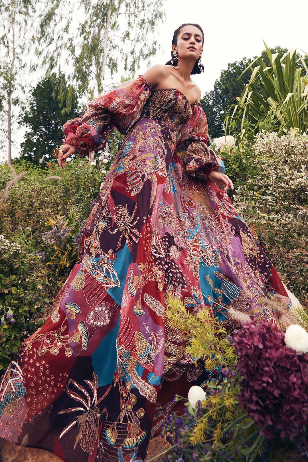 Printed organza trail view right angle of Aisha Rao gown