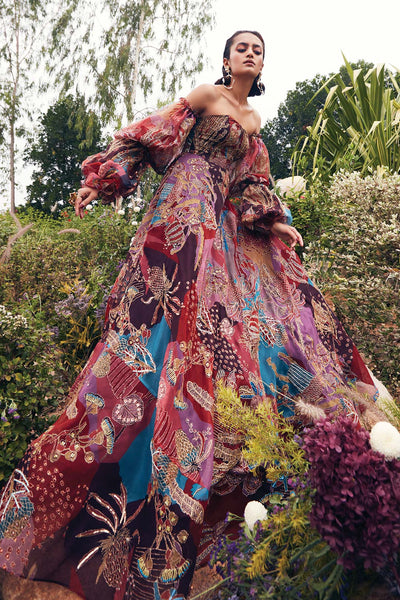 Printed organza trail view right angle of Aisha Rao gown