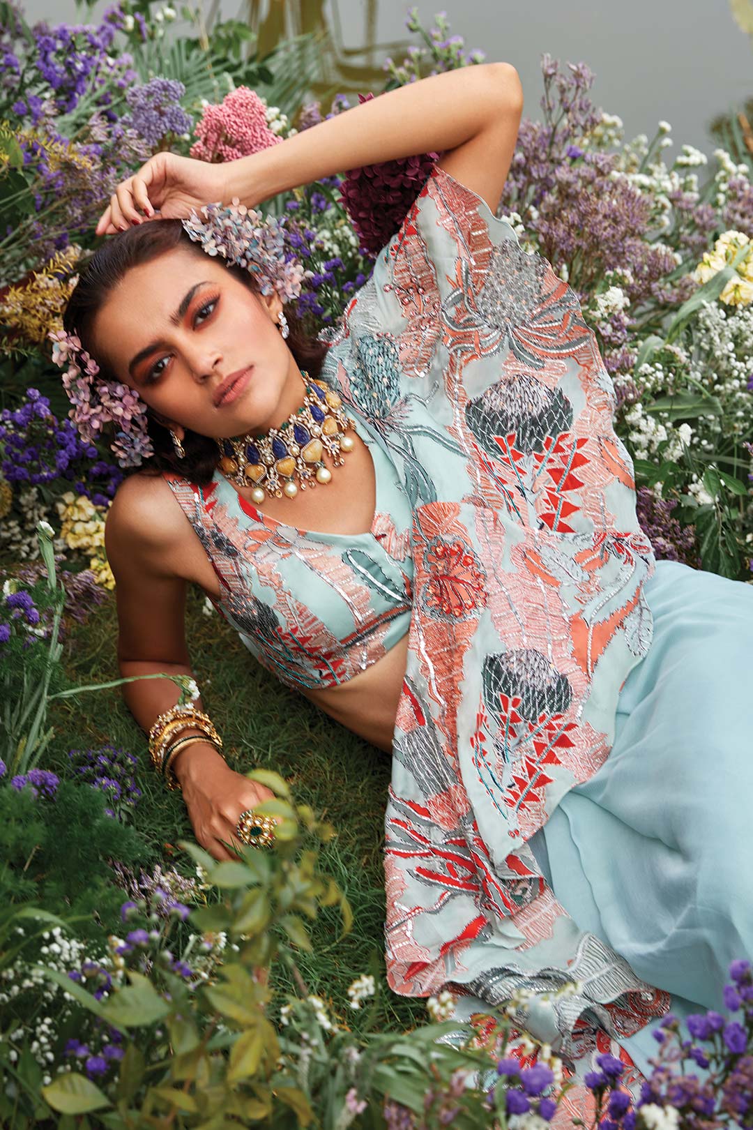 Embellished neckline close-up on powder blue Aisha Rao blouse