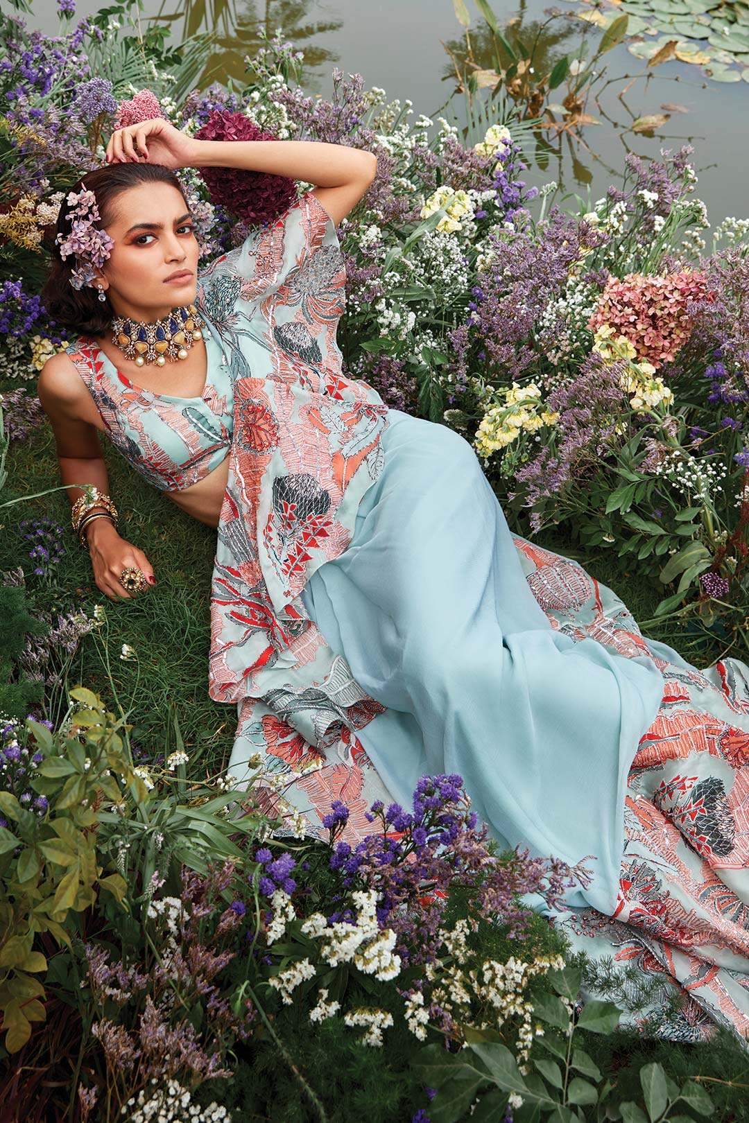 Aisha Rao powder blue saree side view with organza print