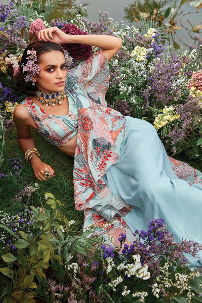 Close-up of sleeve and ruffled pallu left view Aisha Rao saree